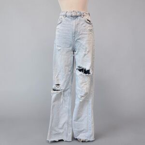 Zara 90s Full Length Blue High Rise Denim Wide Leg Jeans 4 Distressed